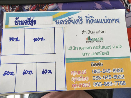 ขาย ที่ดิน บ้านศรีสุข นครชัยศรี ที่ดินแบ่งขาย 50 ตร.วา แบ่งขาย 50 ตารางวา-100 ตารางวา ตารางวาละ 8,000 บาท  ต.ศรีมหาโพธิ์ นครปฐม