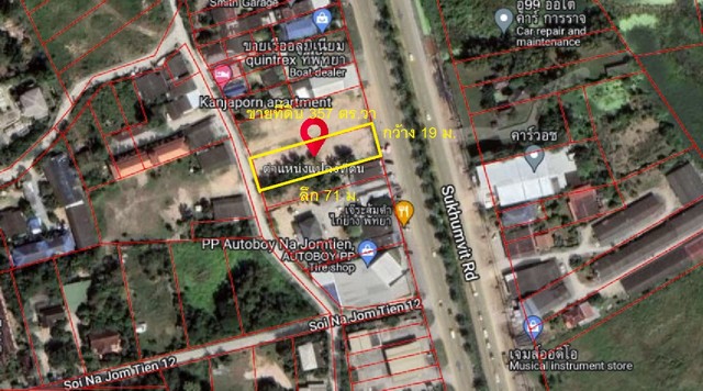 ขายที่ 357.2 ตร.วา ติดถ.สุขุมวิท (ฝั่งทะเล) หน้ากว้าง 19ม. ลึก 71ม.. ใกล้มอเตอร์เวย์ชลบุรี 2 กม.