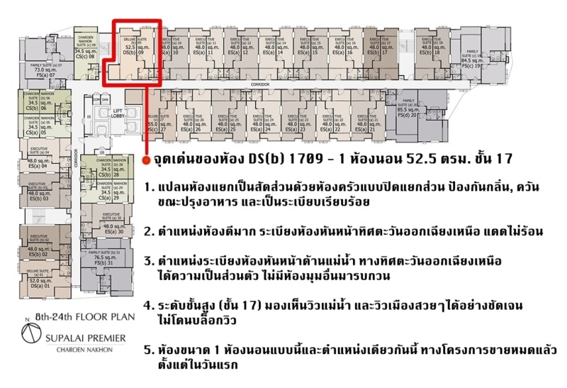 (Owner Post) ขายดาวน์คอนโดศุภาลัย พรีเมียร์ เจริญนคร ติดรถไฟฟ้าสายสีทอง เยื้อง ICON SIAM, หอชมวิวกรุงเทพฯ และรร.หรูระดับ 5 ดาว ขนาด 1 ห้องนอน 52.5 ตรม.ชั้นที่ 17 DS(b)1709 (DELUXE SUITE) ตำแหน่งห้องสวยและหายากมาก ทิศตะวันออกเฉียงเหนือ