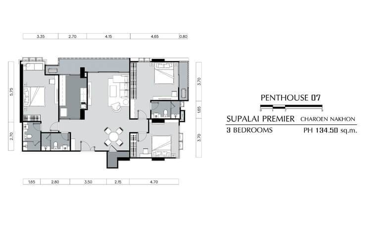 ขายคอนโดศุภาลัย พรีเมียร์ เจริญนคร 3 ห้องนอน Penthouse 146 ตารางเมตร ชั้น 25
