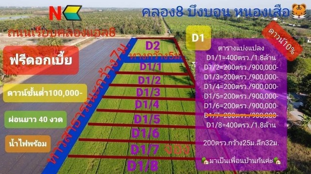 ที่ดินคลอง8 บึงบอน-หนองเสือ จ.ปทุมธานี ขนาด 200-400 ตร.ว หลายแปลง