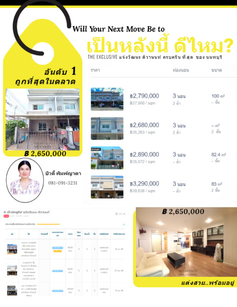 🔥อันดับ 1 ราคาถูกสุดในตลาด ดิ เอ็กซ์คลูซีฟ แจ้งวัฒนะ The Exclusive Chaengwattana – Tiwanon ทาวน์เฮ้าส์ 3ห้องนอน ที่ครบครัน ที่สุดในนนทบุรี เผย..ให้ของคุณเป็นเจ้าของ ในราคาแสนประหยัด ซื้อ-ขายอสังหาฯ ง่ายกว่าที่คิด Beauty Property Thailand Real Estate 081-091-3231❤️