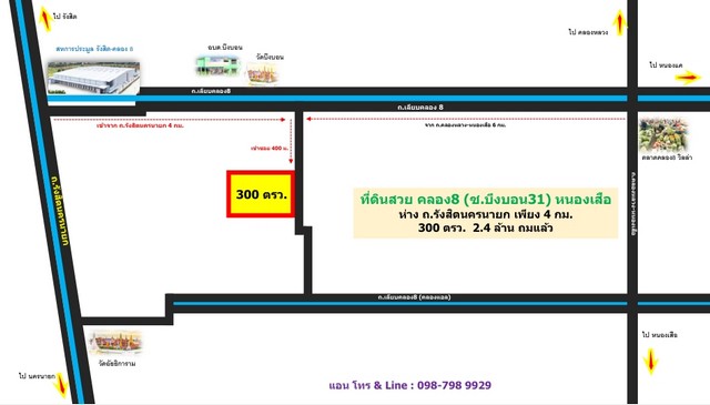 ที่ดินคลอง8 ซอยบึงบอน31 หนองเสือ 300 ตร.วา ถมแล้ว เพียง 2.4 ล้าน เข้ามาจาก ถ.รังสิตนครนายก 4 กม.