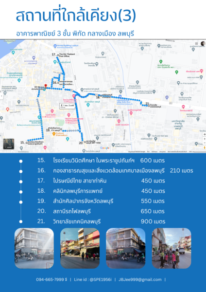 ให้เช่าอาคารพาณิชย์ 3 ชั้น ติดถนน  พิกัด เมืองลพบุรี ทำเลติดถนน ใกล้แหล่งชุมชน ใกล้หน่วยงานราชการ ตลาด สถานที่ท่องเที่ยว