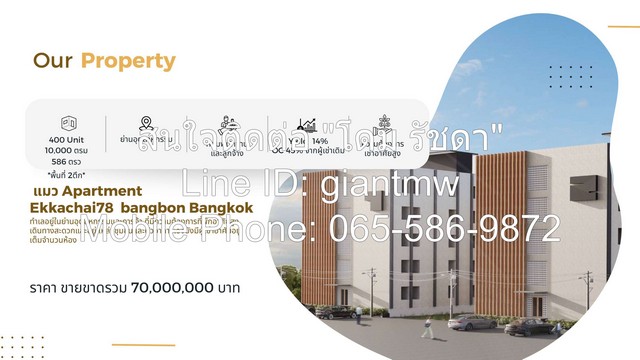 รหัส: DSL-257 ประกาศขาย apartment ห้องพัก อพาร์ทเม้นท์ ซอยเอกชัย 78 70000000 BAHT. 386ห้องนอน386BATHROOM 587 SQ.WA ไม่ไก