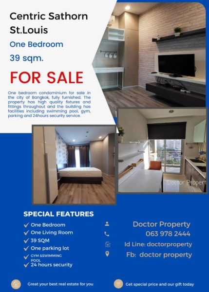 คอนโดใจกลางสาทร Centric Sathorn-St. Louis  1 ห้องนอน 39 ตรม. ตกแต่งพร้อมอยู่  CBD Condominium For Sale with Tenant  Centric Sathorn-St.Louis 1 Bedroom with fully furnished For Sale  Area Usable 39 SQ.M.