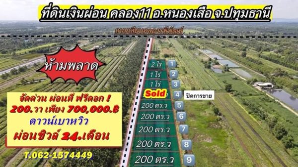 จัดด่วนผ่อนที่ฟรีดอกที่ดินคลอง11หนองเสือราคาเบาผ่อนสบาย. T.062-1574449