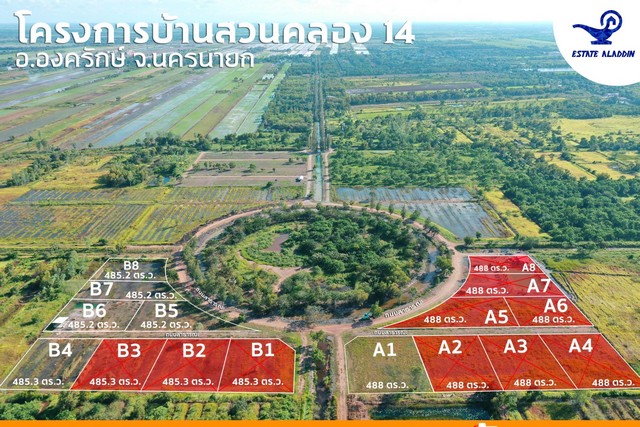 ขายที่ดินเปล่า ขนาด 485 ตร.วา แปลง B6 โครงการบ้านสวนคลอง 14 รอบวงเวียน องครักษ์ นครนายก ที่สวยติดพื้นที่ส่วนกลาง