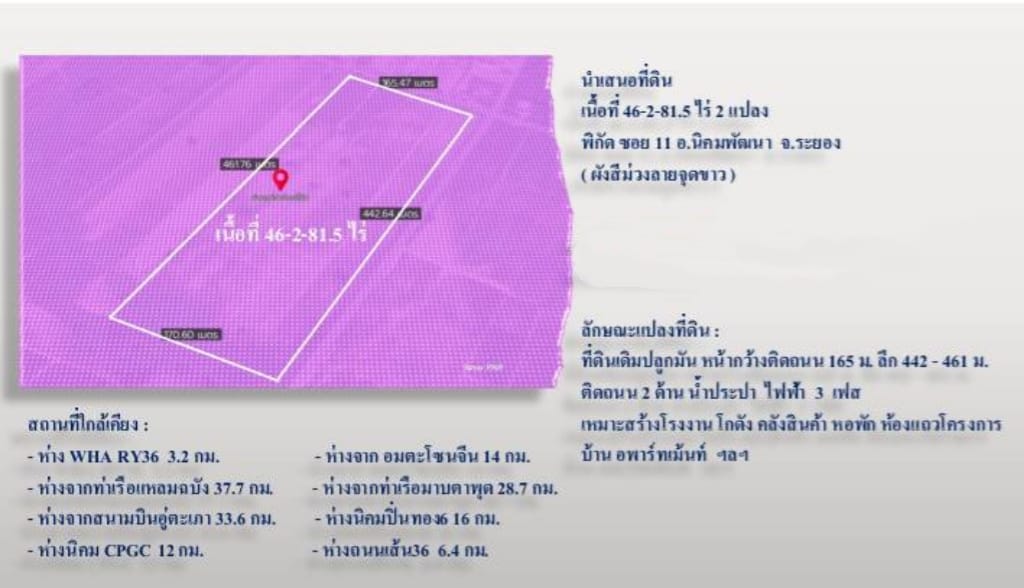 ขายที่ดินโซนนิคมพัฒนาระยอง เนื้อที่ 46-2-81.5 ไร่ ผังสีม่วงลาย