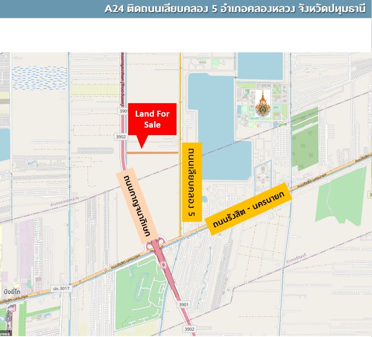 ขายที่ดินติดถนนเลียบคลอง 5 รังสิต ใกล้วงแหวนกาญจนาภิเษก เนื้อที่ 43-0-51.9 ไร่ (รหัสทรัพย์ A24)